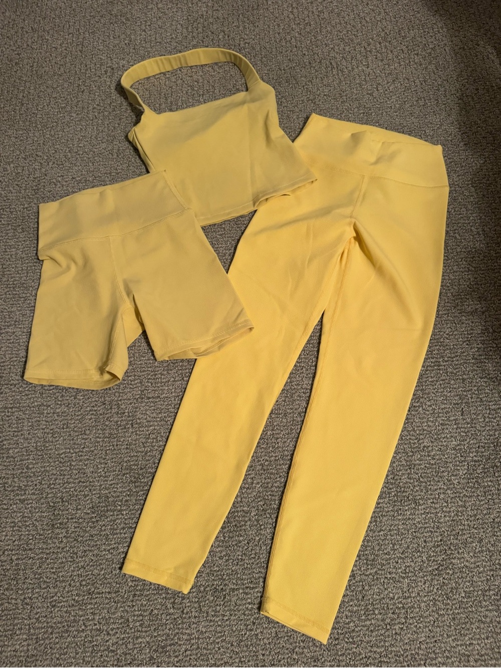 High-Waist Yellow Women's Leggings Set with Matching Crop Top and Bike Shorts